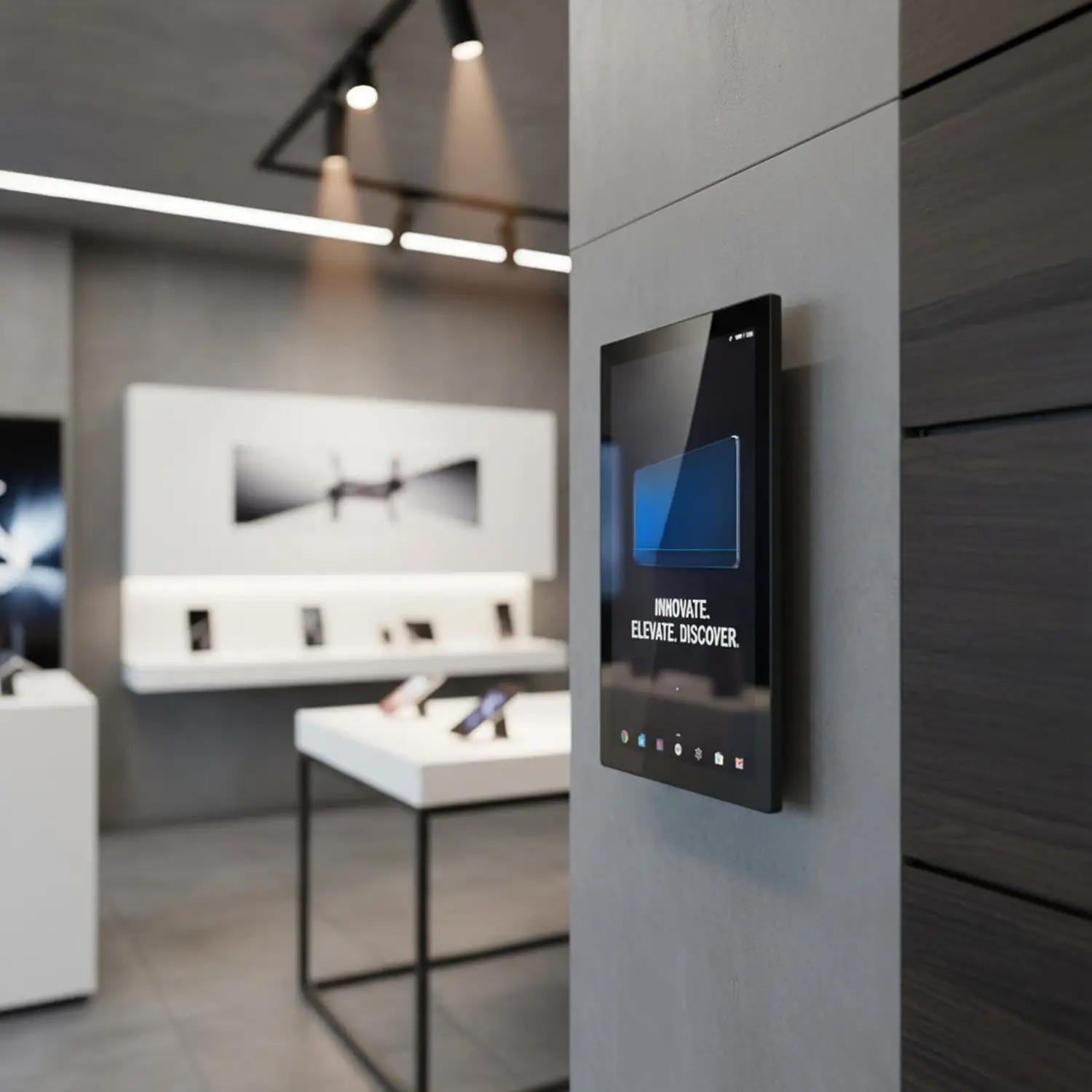 MegaPAD 2154 V7 als Android Tablet PC an der Wand im Showroom