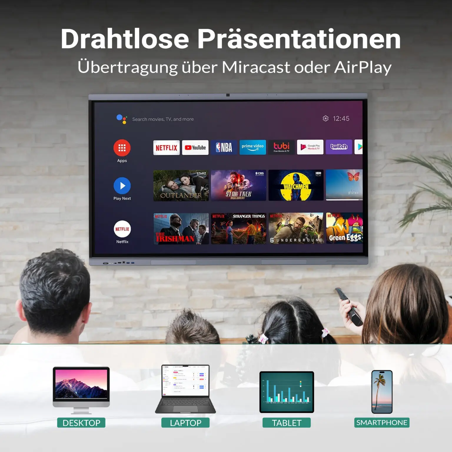 Konferenzdisplay mit drahtlosem Screen Sharing über Miracast und AirPlay