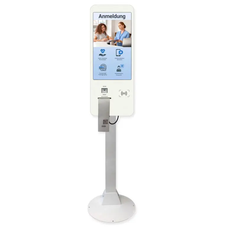 Kiosk K215 Self-Service Terminal mit Touchdisplay Scanner und Drucker für Anmeldung und Check-in im Empfangsbereich