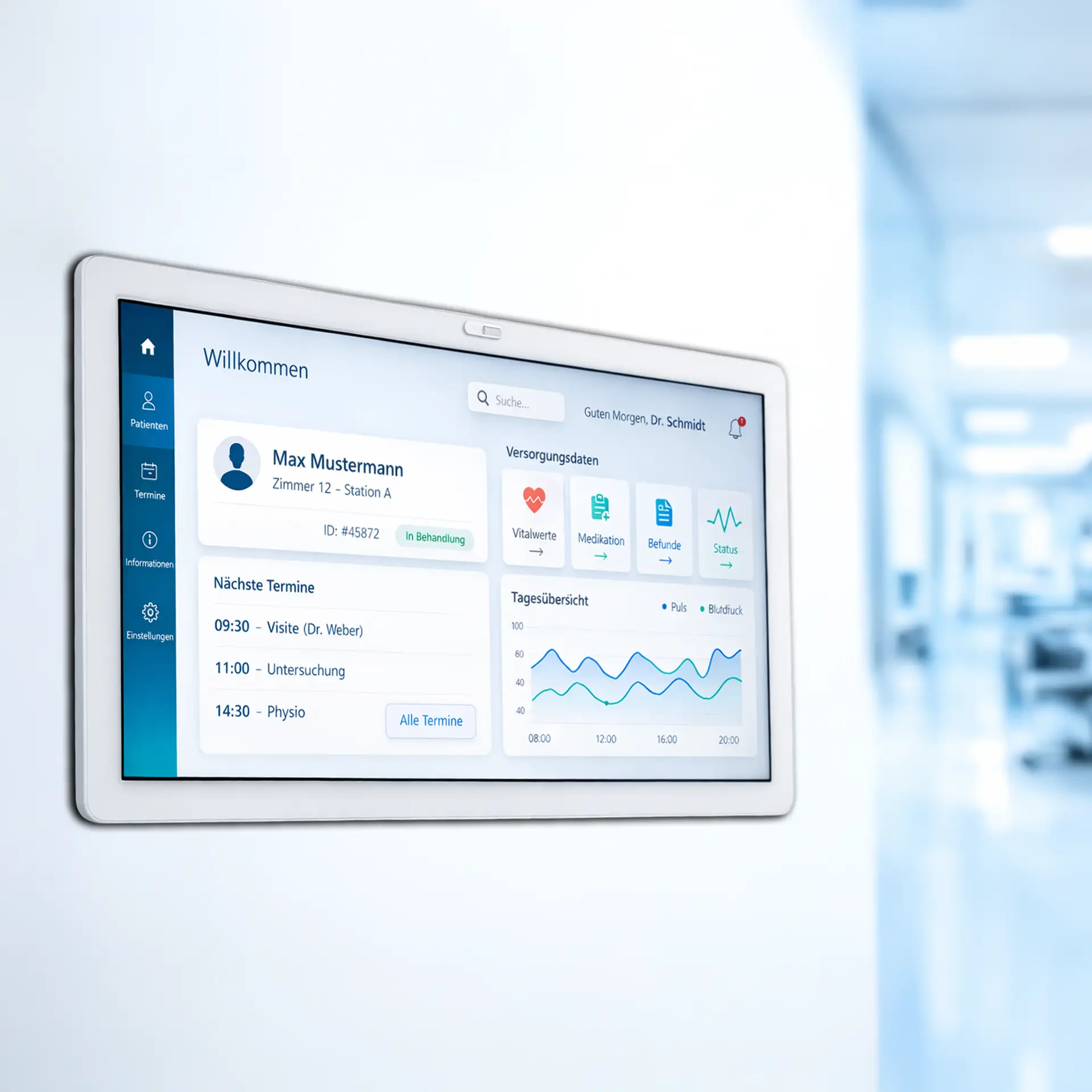 MegaPAD Medline 1854 als Wanddisplay für Patienteninformationen im Krankenhaus