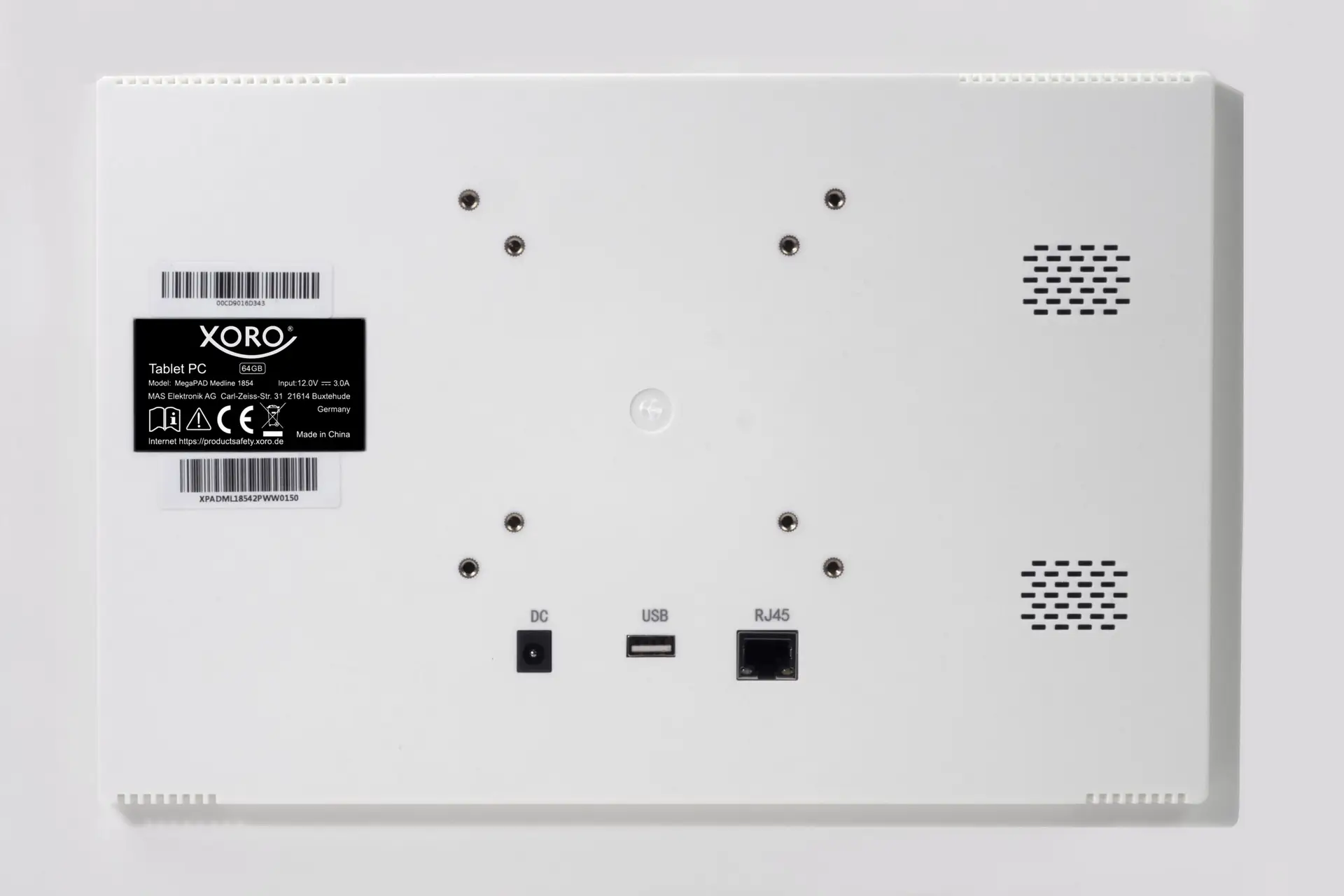 MegaPAD Medline 1854 Rückseite mit DC, USB, RJ45, Lautsprechern und VESA-Montagepunkten